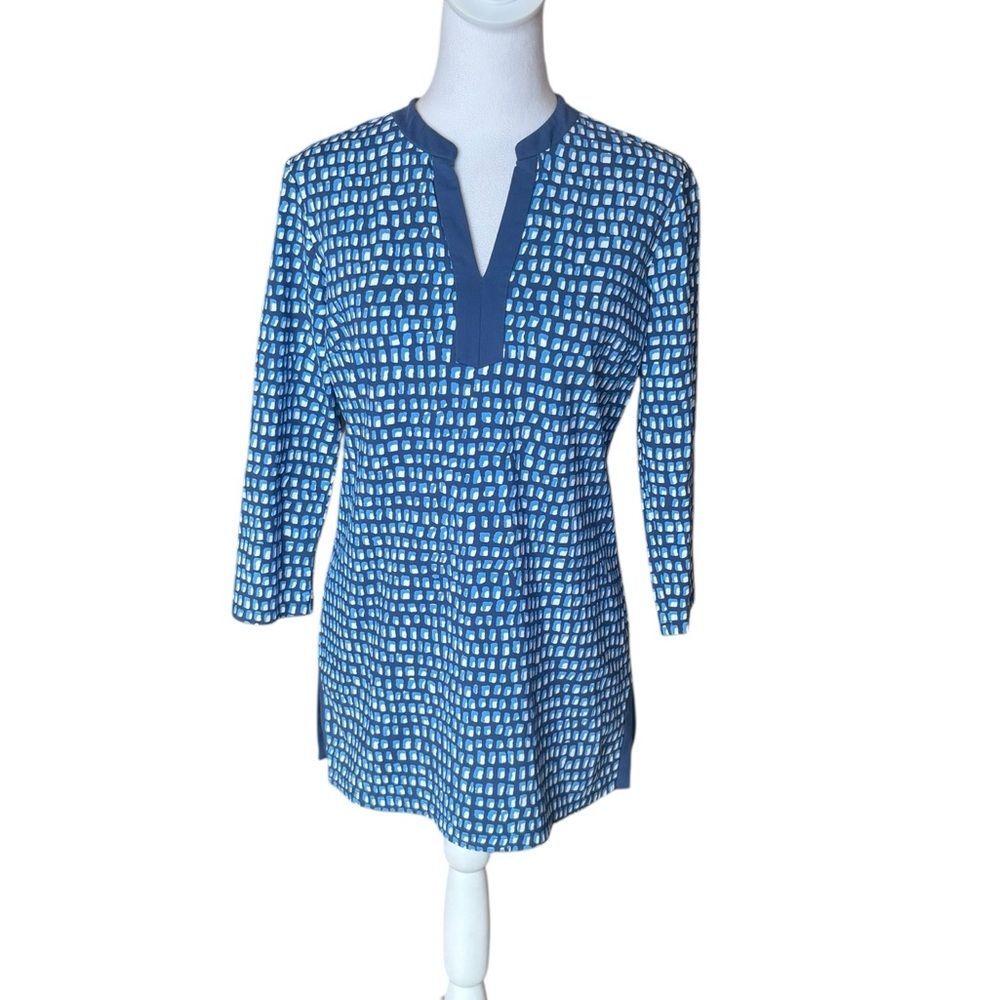 J McLaughlin Navy Blue White Geo Print Catalina Cloth Top Womens Size Small